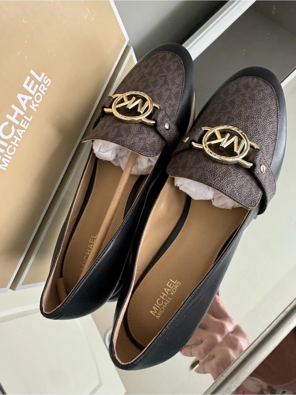 Michael Kors Brown and Black MK Logo Horsebit Loafers